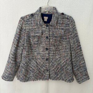 CHICO'S Navy Multi Color Tweed Fringed Hem Peplum Lined Jacket